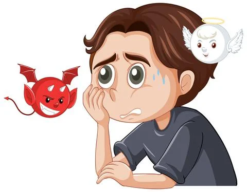 Cartoon character with devil and angel fighting in thought Stock Illustration