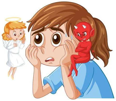 Cartoon character with devil and angel fighting in thought Stock Illustration