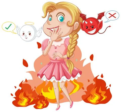 Cartoon character with devil and angel fighting in thought Stock Illustration