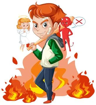Cartoon character with devil and angel fighting in thought Stock Illustration