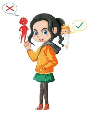 Cartoon character with devil and angel fighting in thought Stock Illustration
