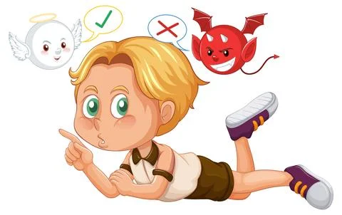 Cartoon character with devil and angel fighting in thought Stock Illustration
