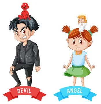 Cartoon character with devil and angel fighting in thought Stock Illustration