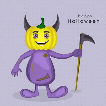 Cartoon character of devil in pumpkin face holding an axe for Halloween par.. Illustrazione stock