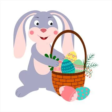 Cartoon character Easter Bunny Rabbit with a basket full of colored Easter eg Stock Illustration