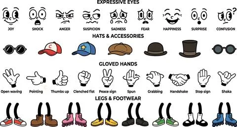 Cartoon Character Elements: Faces, Hats, Hands, Legs - Expressive Icons イラスト素材