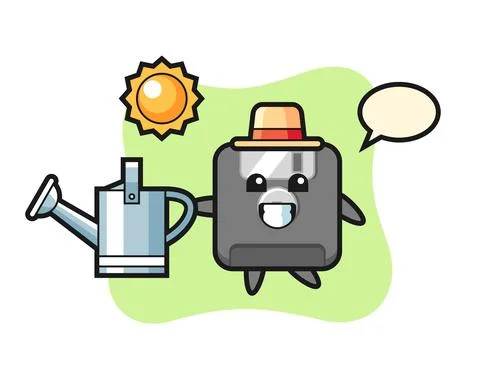 Cartoon character of floppy disk holding watering can Stock Illustration