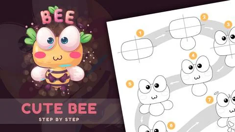 Cartoon character funny bee- easy drawing tutorial Stock Illustration
