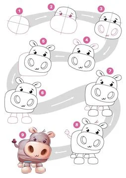 Cartoon character hippo step by step drawing tutorial Stock Illustration