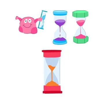 Cartoon character learning time management using sand timers Stock Illustration