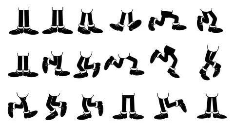 Cartoon Character Legs Animation Sequence, Black and White Silhouette Stock Illustration