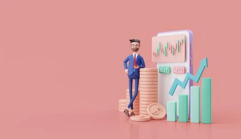 Cartoon character man leaning on stack of gold coins. Cryptocurrency trading Stock Illustration