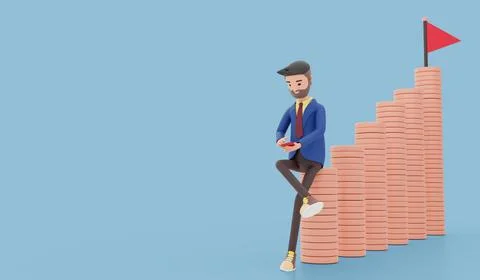 Cartoon character man sit on the stack of coins laid out as a graph. isolated Stock Illustration