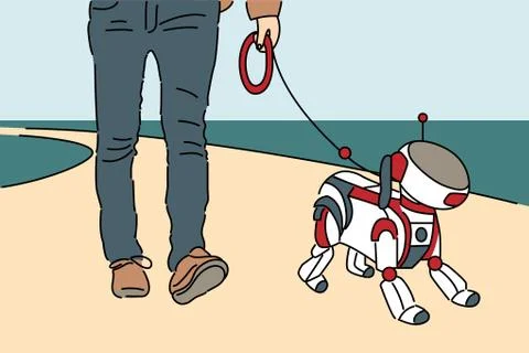 Cartoon character of man walking with robot-dog on sandy beach Stock Illustration