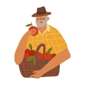 Cartoon character - old man farmer holding red apple with basket isolated on Stock Illustration