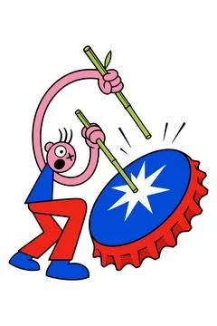 Cartoon Character Playing a Bottle Cap Drum Stock Illustration