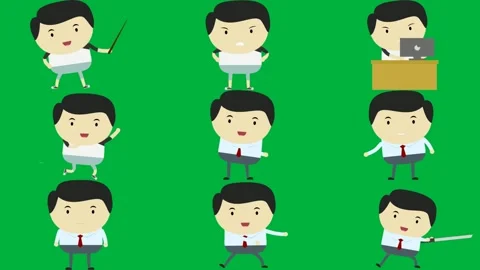 Cartoon character pointer his hand green background man sitting at desk. Stock Footage 310562878
