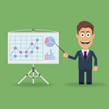 Cartoon character with pointer near presentation stand with business charts Stock Illustration