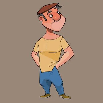 Cartoon character puzzled guy in cap looks away Stock Illustration