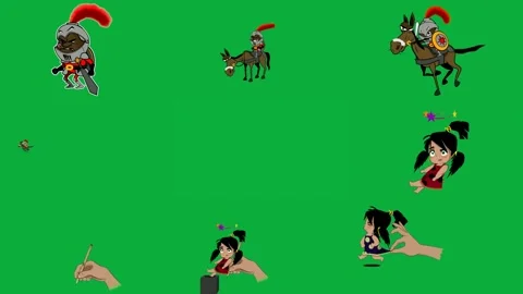 Cartoon character red mohawk green background horse donkey screen knight. Video stock 310562676