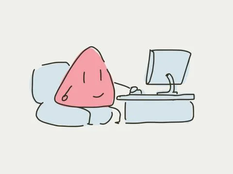 Cartoon character sit on the sofa work with desktop pc and monitor alone. Stock Illustration