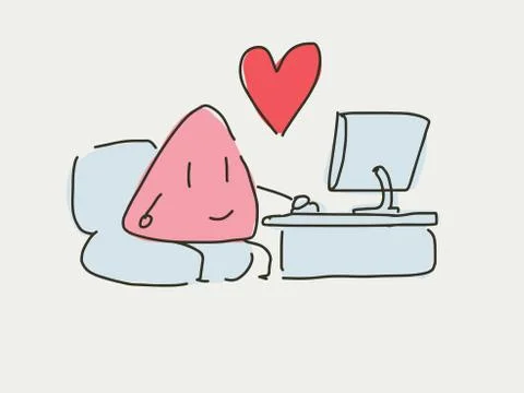 Cartoon character sit on the sofa work with desktop pc and monitor alone. Stock Illustration