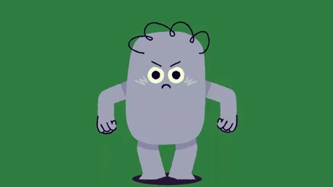 A cartoon character standing in front of green background and blue monster on Stock Footage 336890344
