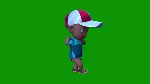 Cartoon character standing green screen in baseball cap shorts blue shirt Video stock 314068498