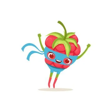 Cartoon character of superhero raspberry with hands up Illustrazione stock