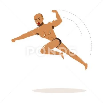 Cartoon character of wrestler in flying jump kick action Stock Illustration