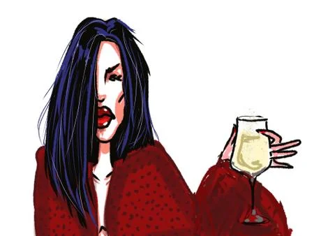 Cartoon character young pretty lady with glass of wine isolated on white Stock Illustration