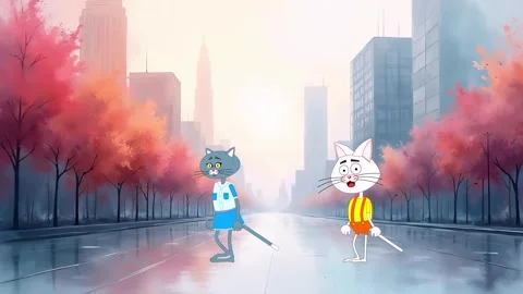 Cartoon characters 2 cats. Separation. City background. Stock Footage 293162022