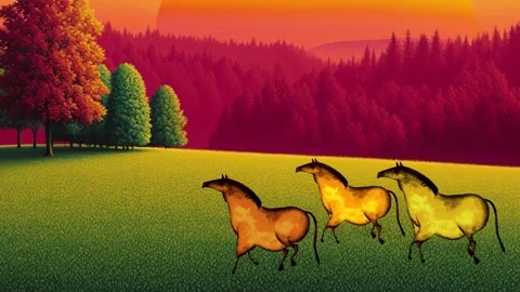 Cartoon characters. 3 horses galloping in nature. Stock Footage 293162393