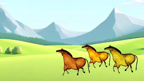 Cartoon characters. 3 horses galloping in nature. Stock Footage 293162399