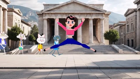 Cartoon characters 4 cats pass by a beautiful girl who is dancing. Stock Footage 293162066