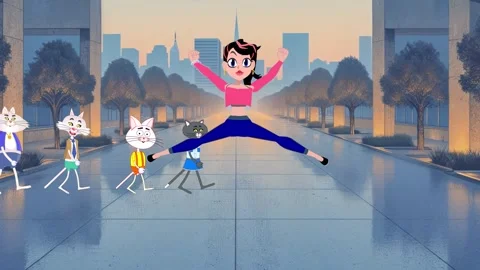 Cartoon characters 4 cats pass by a beautiful girl who is dancing. Stock Footage 293162080