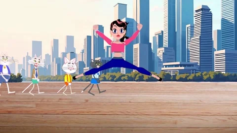 Cartoon characters 4 cats pass by a beautiful girl who is dancing Stock Footage 293162096