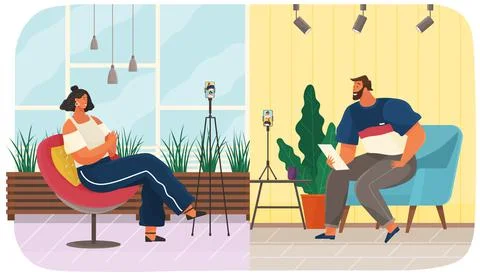 Cartoon characters are communicating, having conversation at work with computer Stock Illustration