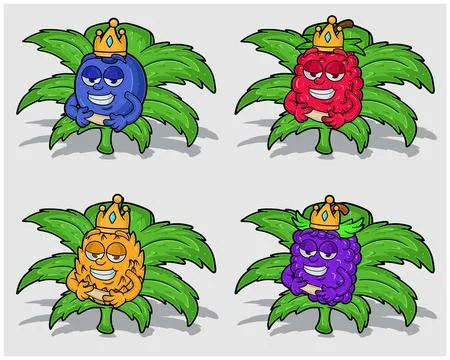 Cartoon Characters of Blueberry, Raspberry, Pineapple and Grape With Crown .. Stock Illustration