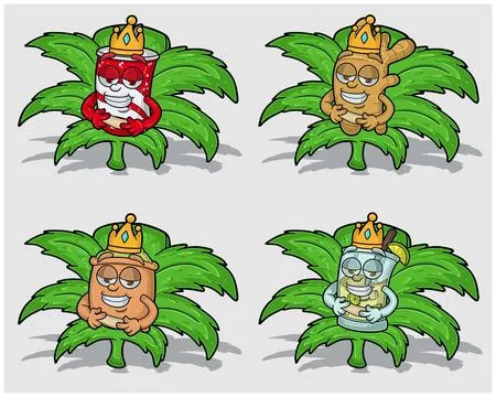 Cartoon Characters of Cola, Ginger, Matcha and Mojito With Crown in Weed Leaf Stock Illustration