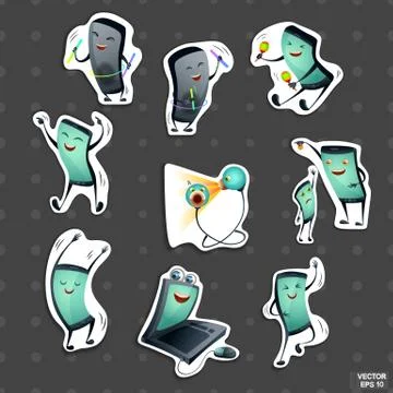 Cartoon characters electronics stickers set. Ilustración de archivo
