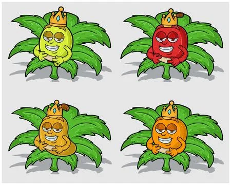 Cartoon Characters of Lemon, Apple, Mango and Orange Fruit With Crown in We.. Stock Illustration