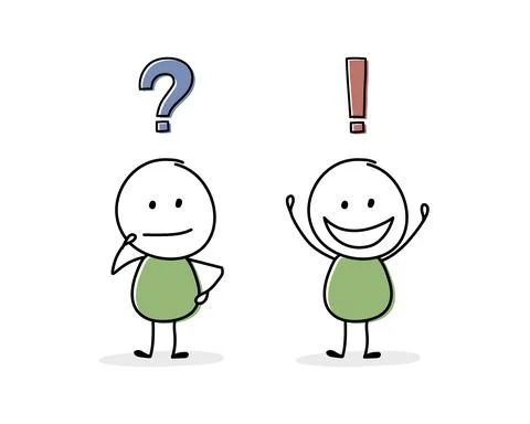 Cartoon characters with question and exclamation mark. Business concept. Vect Illustrazione stock