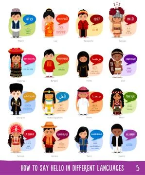 Cartoon characters saying hello in different languages. Stock Illustration