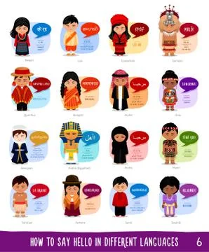 Cartoon characters saying hello in different languages. Stock Illustration