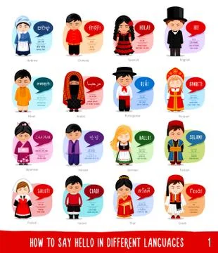 Cartoon characters saying hello in different languages. Stock Illustration