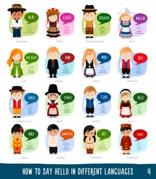 Cartoon characters saying hello in different languages. Stock Illustration