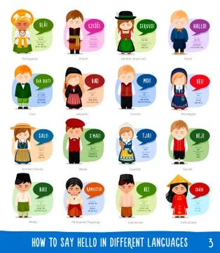 Cartoon characters saying hello in different languages. Illustrazione stock