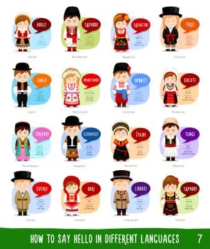 Cartoon characters saying hello in different languages. Stock Illustration