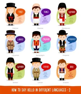 Cartoon characters saying hello in different languages. Stock Illustration
